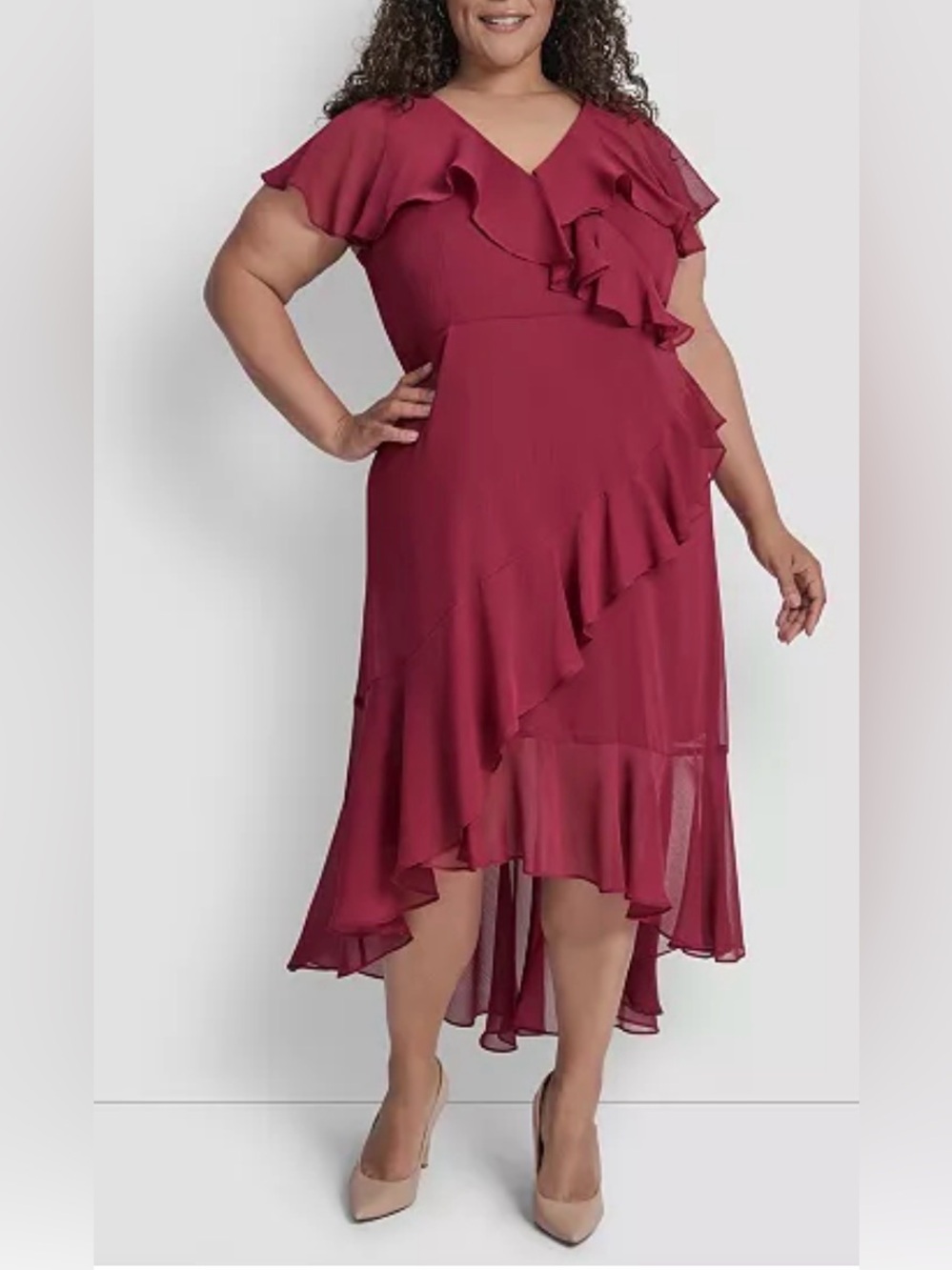 NWOT DKNY Burgundy High-Low Ruffle V-Neck Dress